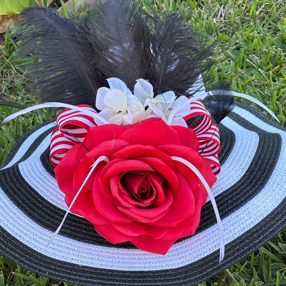 Chic Striped Hat with Red Rose and Feathers